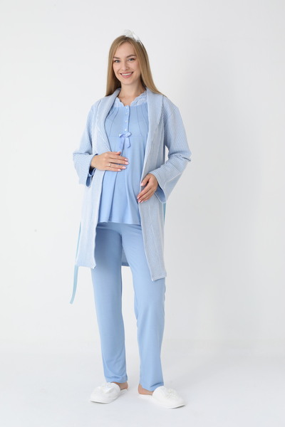 Lohussa Women's Blue Jacquard Shawl Collar Lace Winter Special Design Maternity Pajama Set