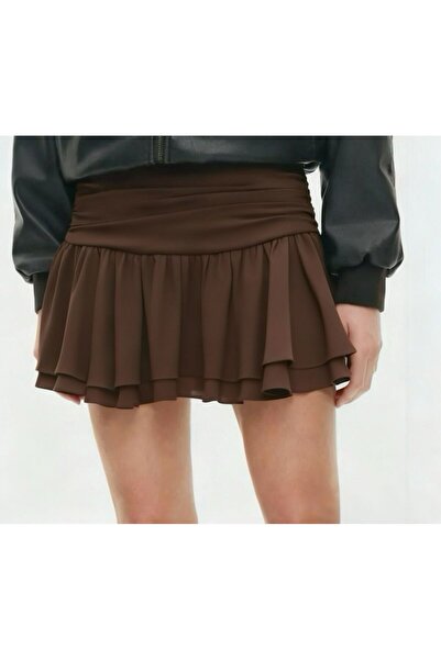 Linich&Co talie înaltă drapat Fusta mini elastică maro cu volane 9162