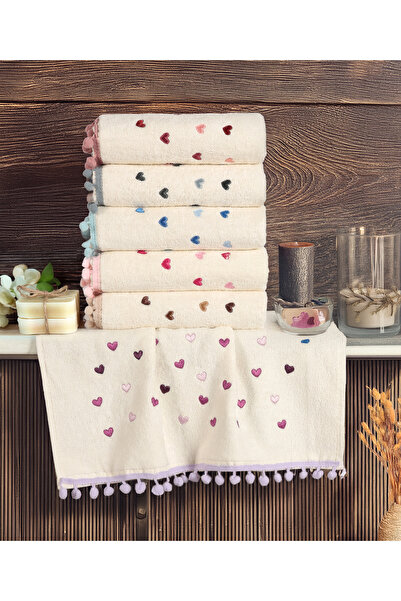 Gön Ev Tekstili 6 قطع من مناشف اليد المخملية المطرزة على شكل قلب مع كرات منفو...