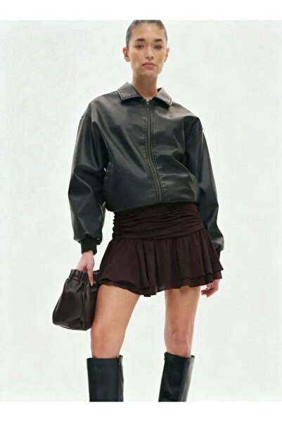 Linich&Co talie înaltă drapat Fusta mini elastică maro cu volane 9162