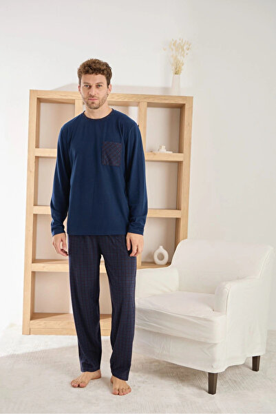 Pijamoni Men's Long Sleeve Checked Pocket Winter Navy Blue Pajama Set
