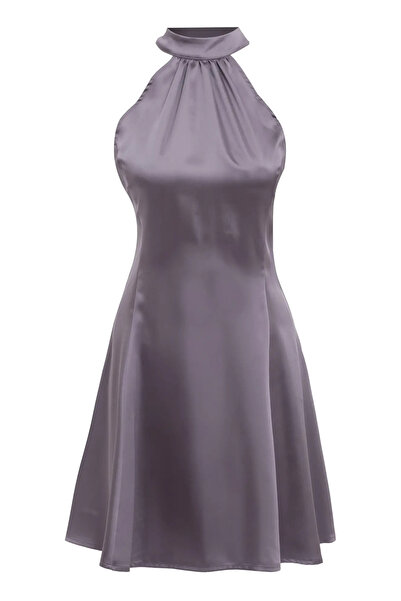 Keikei Gri Saten Kolsuz Kısa Elbise