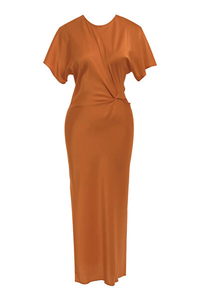 Keikei Kiremit Saten Kısa Kol Uzun Elbise