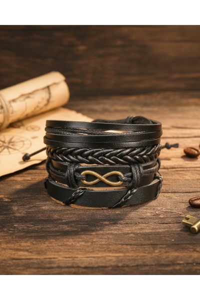 E&F Takı 4Pcs Leather Bracelet Infinity Antique Bronze Design Adjustable Genu...