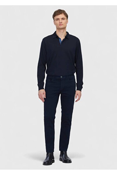 Ramsey Navy Blue Plain Woven Slim Fit Casual Cotton Blended Trousers