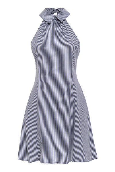 Keikei Lacivert Poplin Kolsuz Kısa Elbise