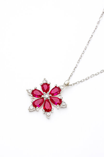 925 Ayar Gümüş rodyum Kaplamalı Pembe Damla Taşlı Lotus Çiçeği Kolye