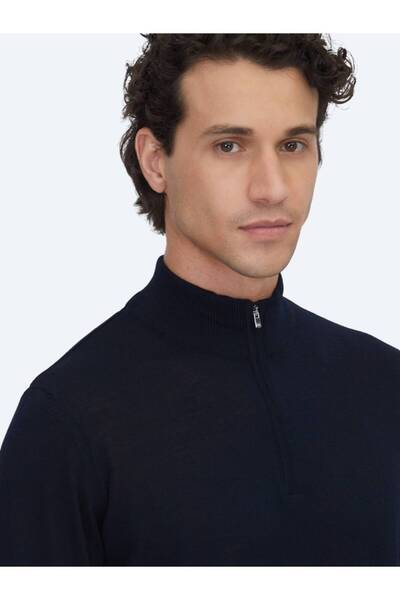 Kip Lacivert Bato Yaka Jakarlı Yün Karışımlı Triko Kazak