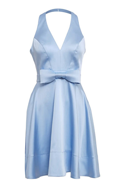 Keikei Mavi Saten Kolsuz Kısa Elbise