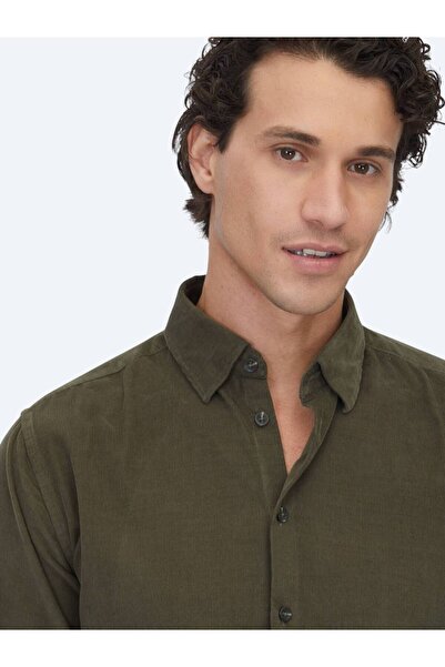 Kip Haki Çizgili Regular Fit Dokuma Kadife Casual %100 Pamuk Gömlek