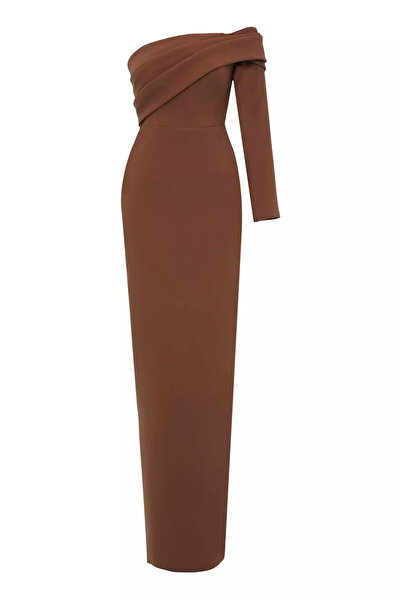 Keikei Kahverengi Krep Tek Kol Uzun Elbise