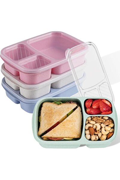 Generic 4 Pack Wheat Straw Bento Lunch Box Set, 3 Compartment Wheat Straw Mea...