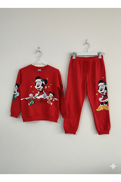 YusGos Unisex Kız/Erkek Çocuk Pamuklu Minnie Mouse Baskılı Yeni Yıl Temalı Pijama Eşofman Takım (3-9 Yaş)