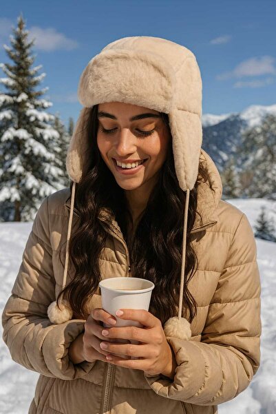 Netodak نموذج شتوي من الفرو الصناعي للنساء مع غطاء للأذنين، مزين بشرابة فرو ص...