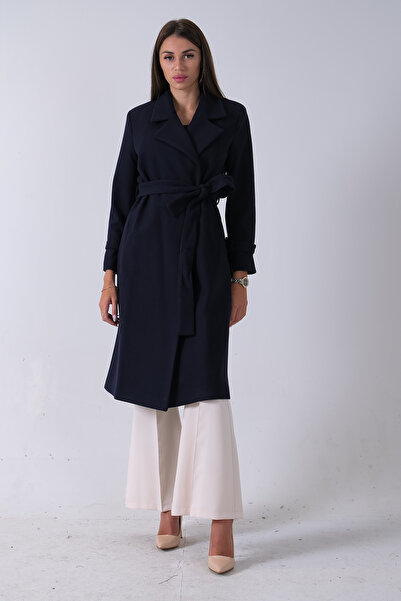 Feminist Kol Bağlamalı Seyyar Kuşaklı Uzun Kaşe Kaban Lacivert 41630051