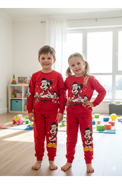 YusGos Unisex Kız/Erkek Çocuk Pamuklu Minnie Mouse Baskılı Yeni Yıl Temalı Pijama Eşofman Takım (3-9 Yaş)