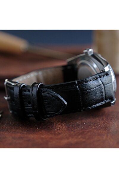 Yaydan Deri Aksesuar 23mm siyah croco bombeli deri kordon