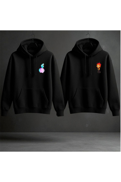 IV QUATTUOR سويت شيرت للزوجين فاير آند ووتر أسود بغطاء رأس قصة فضفاضة مبطن با...