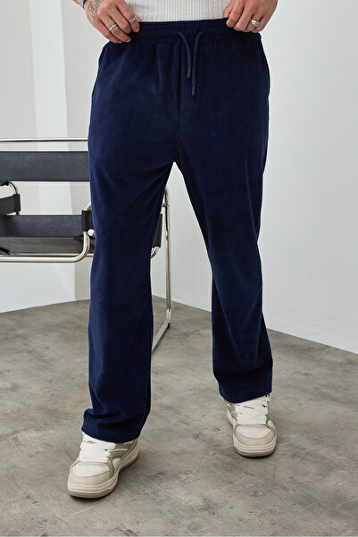 İLKCET MODA Velvet Navy Blue Men's Oversized Thick Trousers