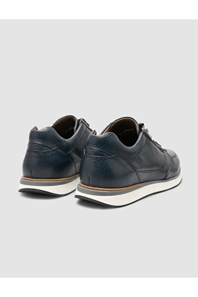 Cabani 100% Genuine Leather Navy Blue Lace-Up and Zippered Men's Sneaker