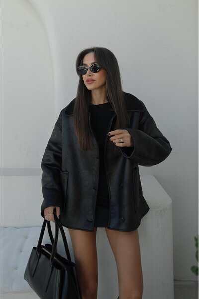 Havoş Black patch pocket fur-lined jacket