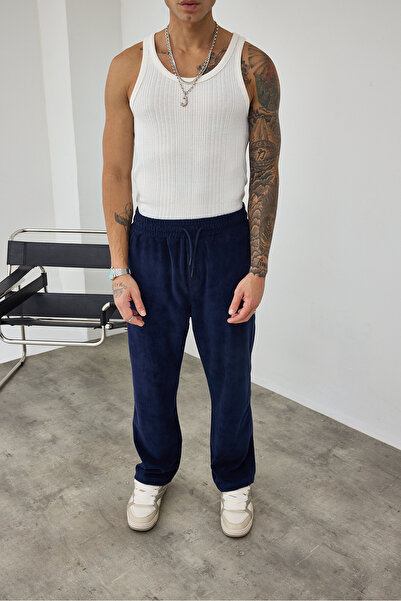 İLKCET MODA Velvet Navy Blue Men's Oversized Thick Trousers