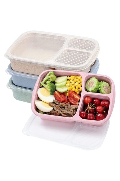 Generic 3 Compartment Lunch Box Set, 4-Pack Wheat Straw Food Storage Containe...