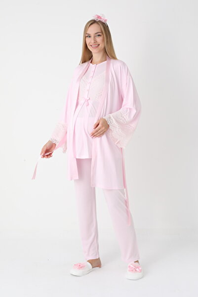 Lohussa Γυναικείο ροζ δαντελένιο χειμερινό σετ πιτζάμες ειδικής σχεδίασης εγκ...