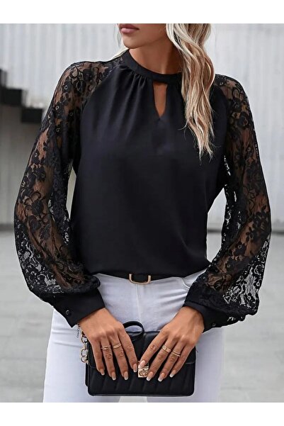 buğrahayalin Women's long sleeve lace-trimmed sandy blouse with round neck