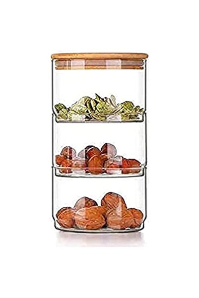 Generic Lushh 3 Layer Glass Food Storage Jar with Airtight Bamboo Lid, Borosilicate Containers for Kitchen,