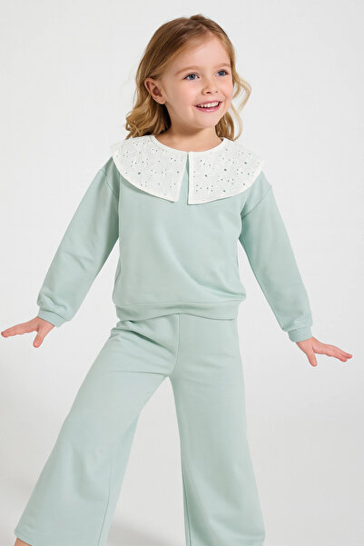 Divonette Kız Çocuk Brode Yaka %100 Pamuk Sweatshirt - Süs Brode Yakalı Çocuk Sweat