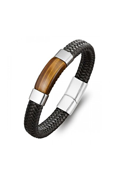 Generic Brand Black Leather Men's Steel Bracelet with Tiger's Eye Stone