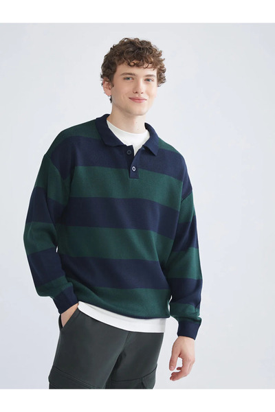 LC Waikiki Green Polo Neck Long Sleeve Striped Men's Knitwear Sweater