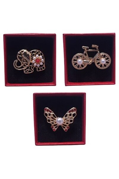 Vision XXI Set of 3 3D Gold Brooch Pins with Pearls, Elephant, Bicycle and Butterfly Pattern,