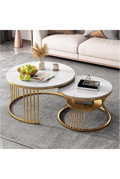 Generic 2-piece metal coffee table set - white and gold