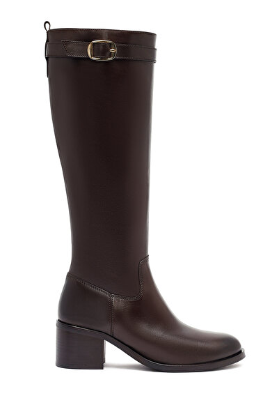 Derimod Kadın Kahverengi Fermuarlı Kalın Topuklu Deri Çizme 25WFD282018