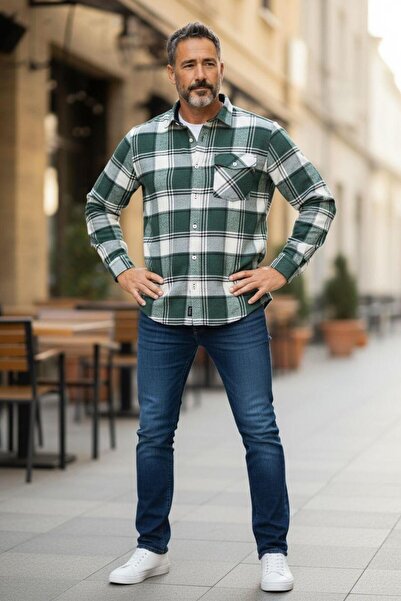 EREN STYLE Χειμερινό βαμβακερό πράσινο μακρυμάνικο ανδρικό πουκάμισο ξυλοκόπο...