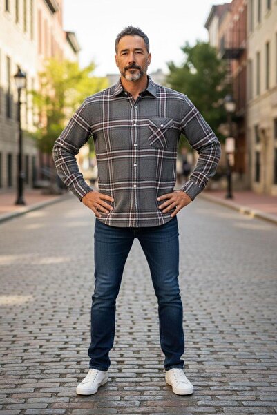 EREN STYLE Χειμερινό βαμβακερό γκρι μακρυμάνικο ανδρικό πουκάμισο ξυλοκόπος μ...