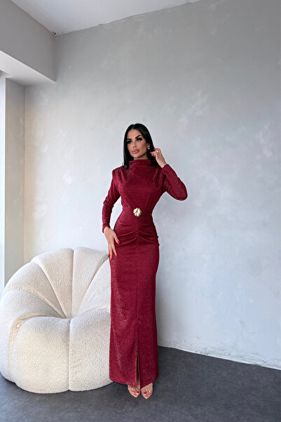 kamacibutik Fisherman Collar Silvery Pleated Vest Dress with Belt from Shoulder Pad