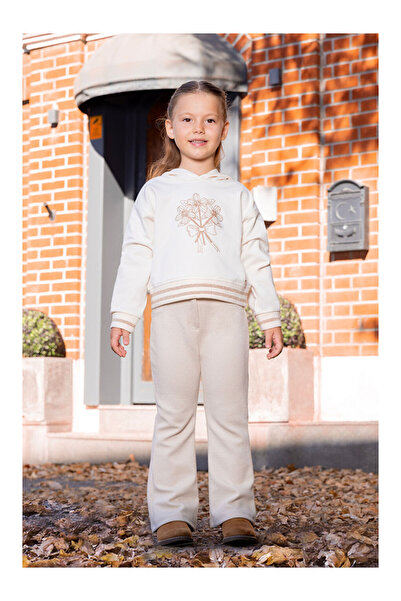 LC Waikiki Ecru Floral Glitter Printed Hooded Sweatshirt