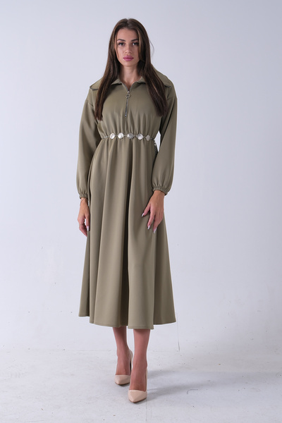 Feminist Yaka Fermuar Detaylı Bel ve Bileği Lastikli Kemerli Scuba Elbise Hak...