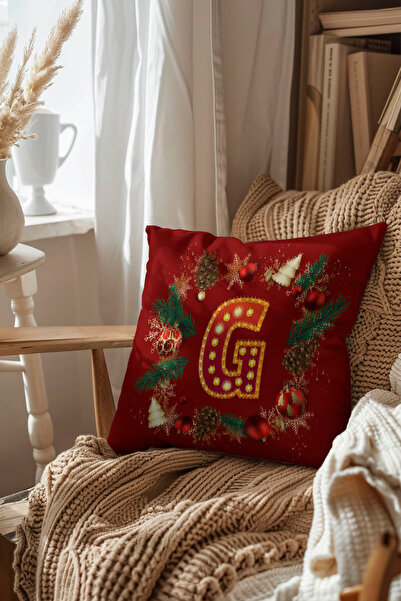 Pillow Dream Digital Printed Throw Pillow Cover in Red and Yellow Colors with New Year Themed Letter Globe Pine Tree Pattern