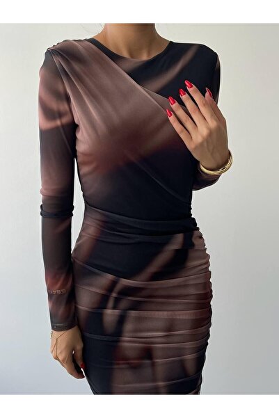 Monapera Bisiklet Yaka Uzun Kollu Amarone Desenli Midi Tül Elbise