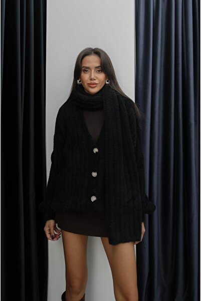 Havoş Black Scarf Soft Textured Cardigan