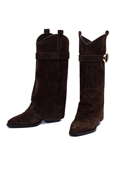 Derimod Women's Brown Thick Heeled Suede Leather Boots 25Afd490610