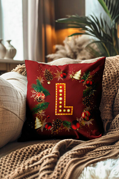 Pillow Dream Digital Printed Throw Pillow Cover in Red and Yellow Colors with New Year Themed Letter Globe Pine Tree Pattern