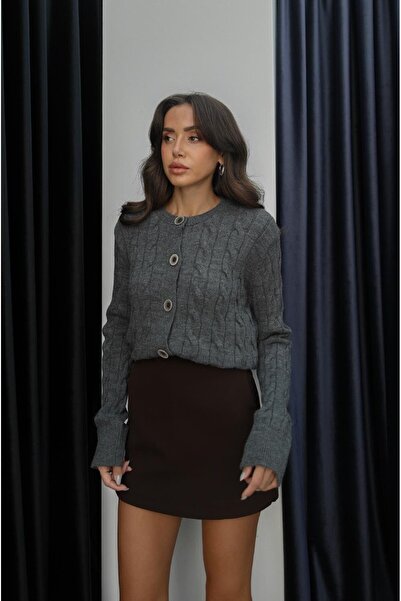 Havoş Anthracite Six Button Hair Braided Cardigan