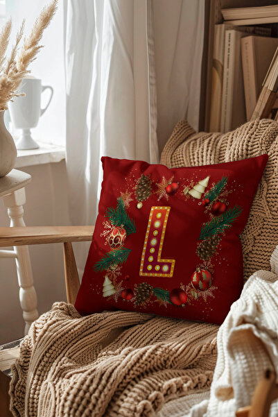 Pillow Dream Digital Printed Throw Pillow Cover in Red and Yellow Colors with New Year Themed Letter Globe Pine Tree Pattern