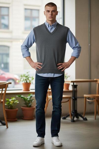 EREN STYLE Pulover gri cu decolteu în V (unisex)