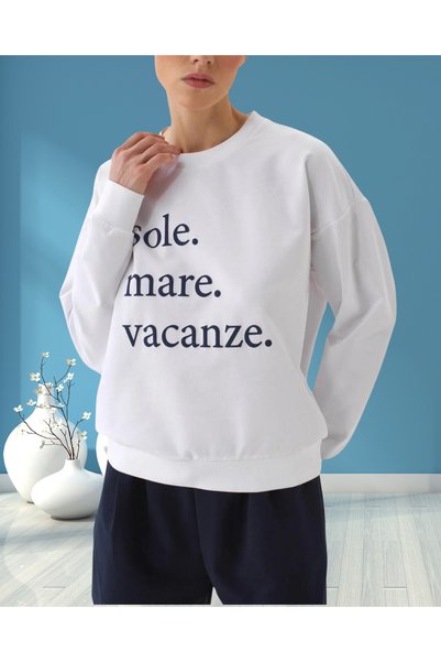 MinervaXint Women's Crew Neck Slogan Printed Oversized Knitted Cotton Sweatshirt